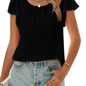 Women's Black Flounce Sleeve Pleated Textured Blouse for Summer - Main View