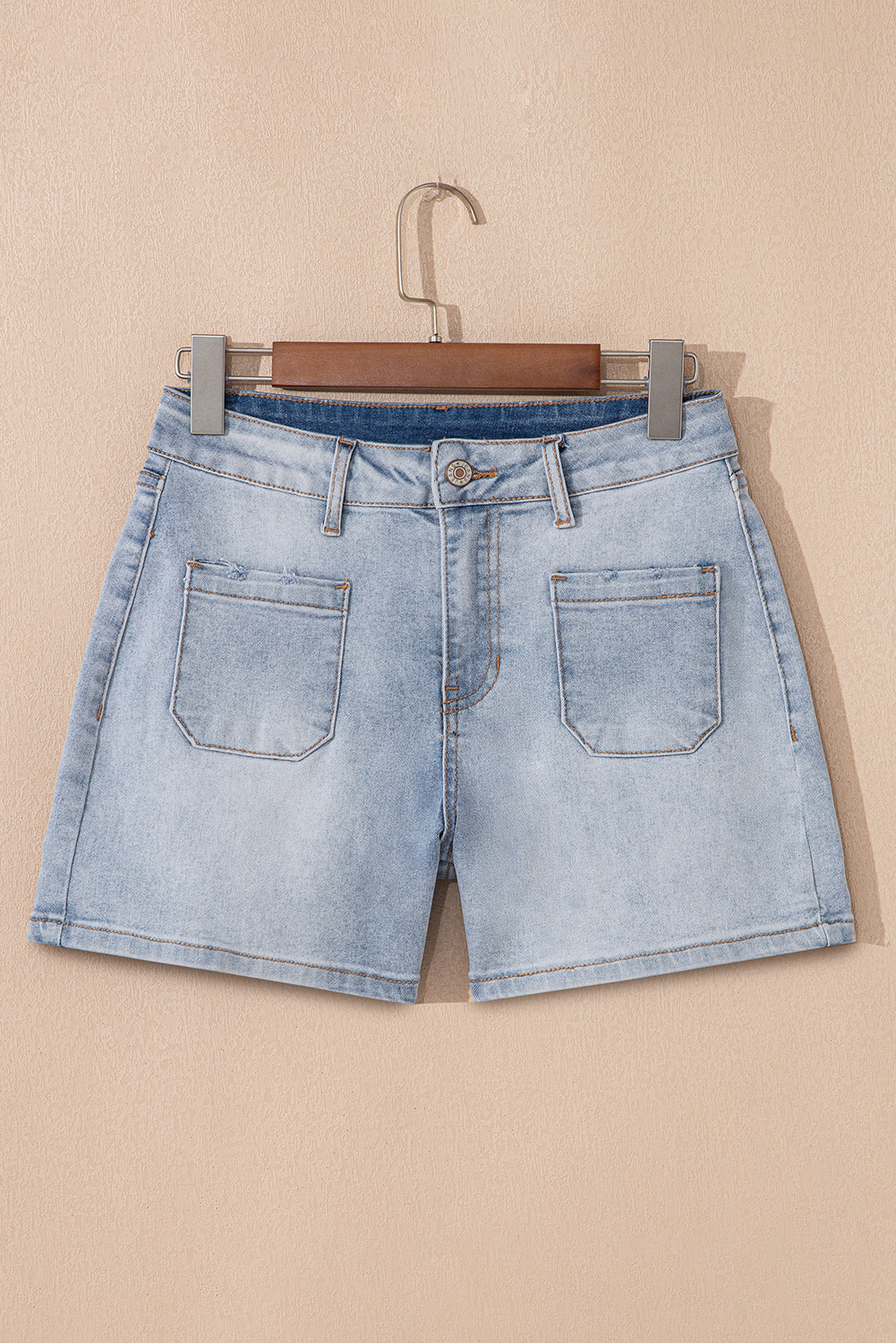 Casual Summer Denim Shorts with Patched Pockets - Beau Blue Color - Detail View 3