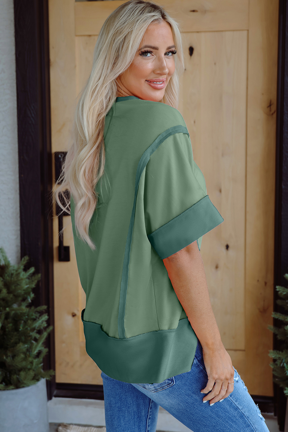 Trendy Casual Graphic Tee with Unique Patchwork Design - Smoke Green - Detail View 6