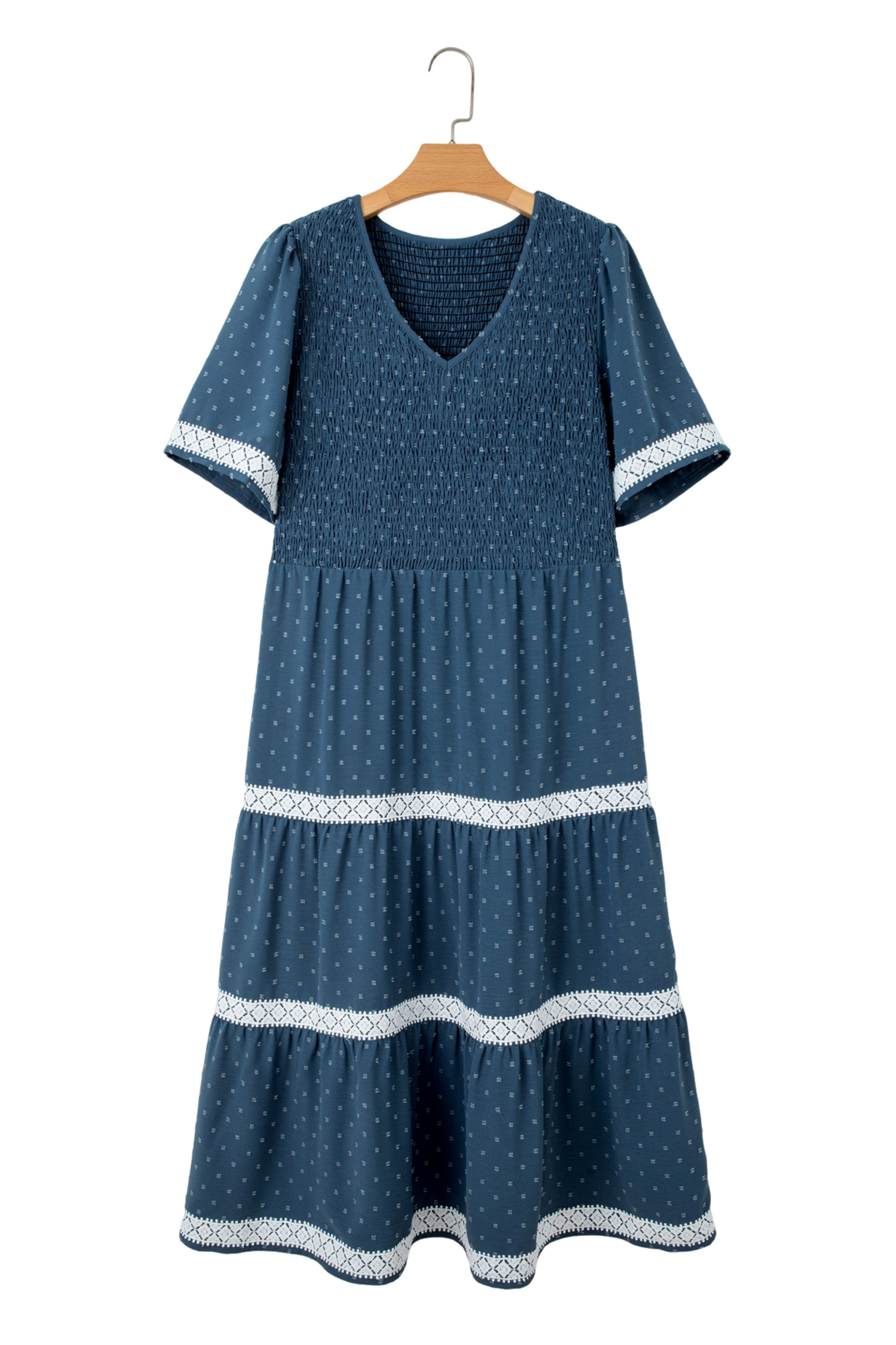 Chic Swiss Dot V Neck Midi Dress for Women – Casual Short Sleeve High Waist Shift Dress with Lace Detail - Detail View 17