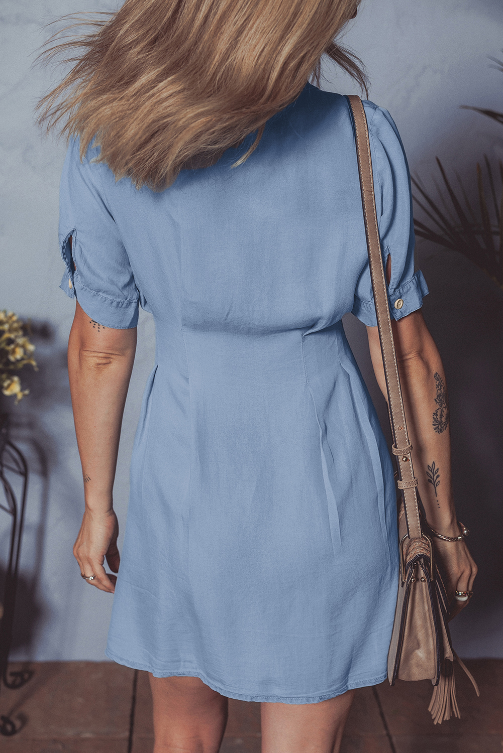 Versatile Blue Denim Mini Dress with Pleated Details and Flattering Slim Waist - Detail View 2