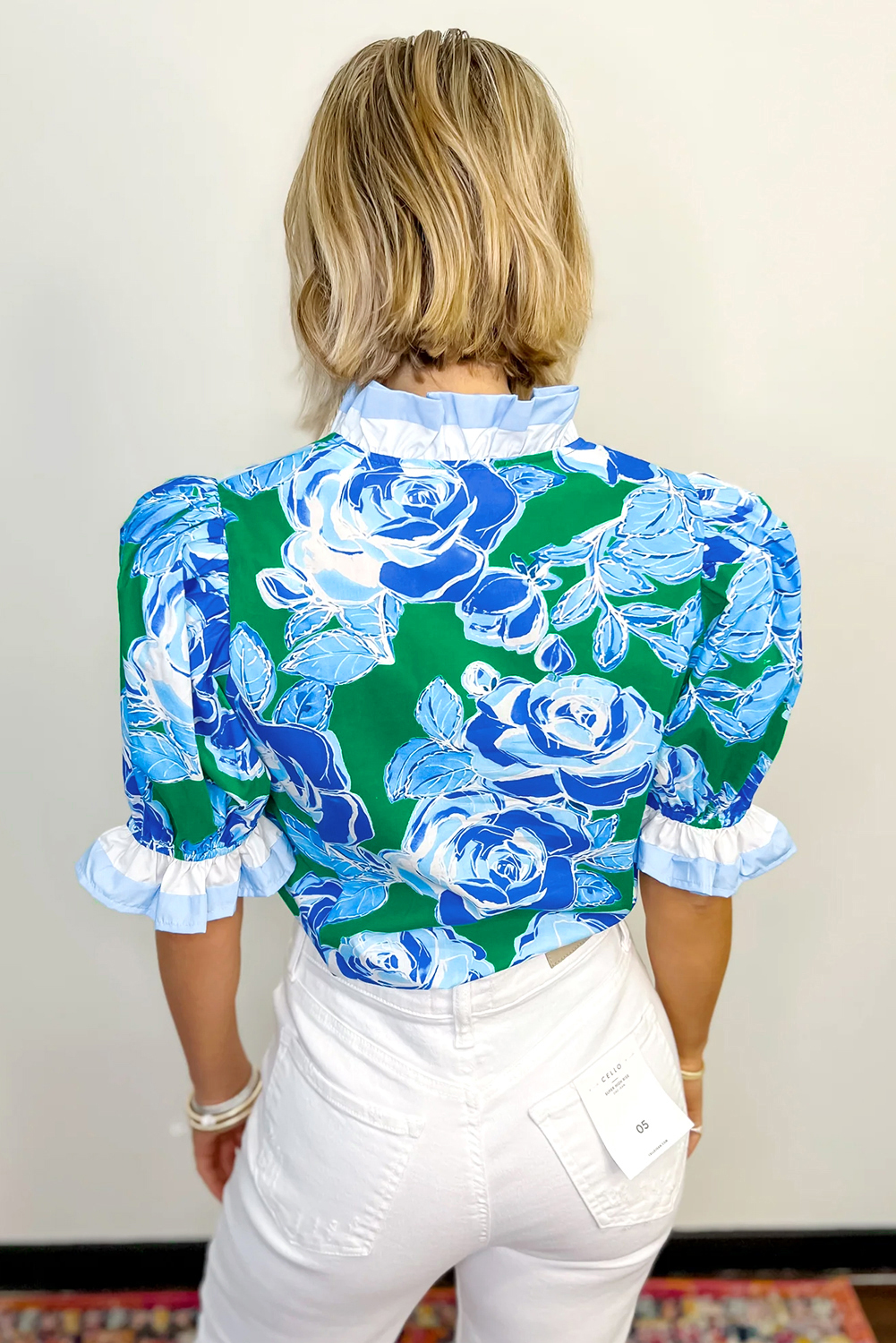Charming Floral Print Blouse with Ruffled Sleeves - Bright Green V Neck Design - Detail View 2