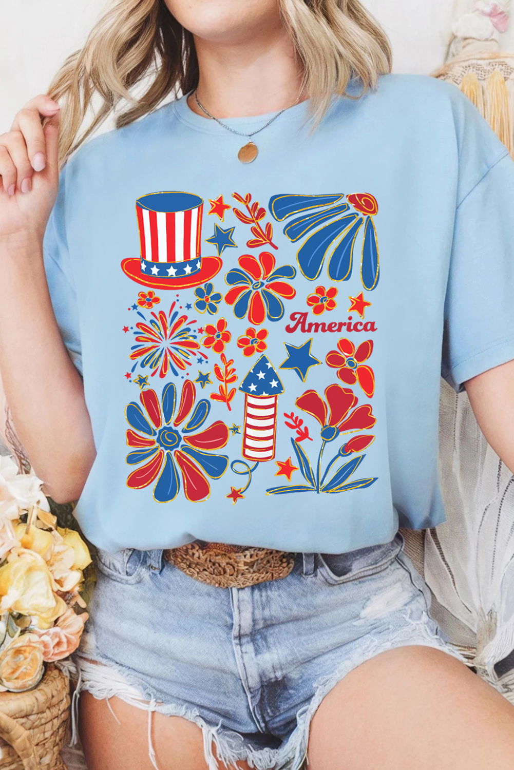 Casual and Comfortable Independence Day T-Shirt with Floral Fireworks Design - Detail View 6