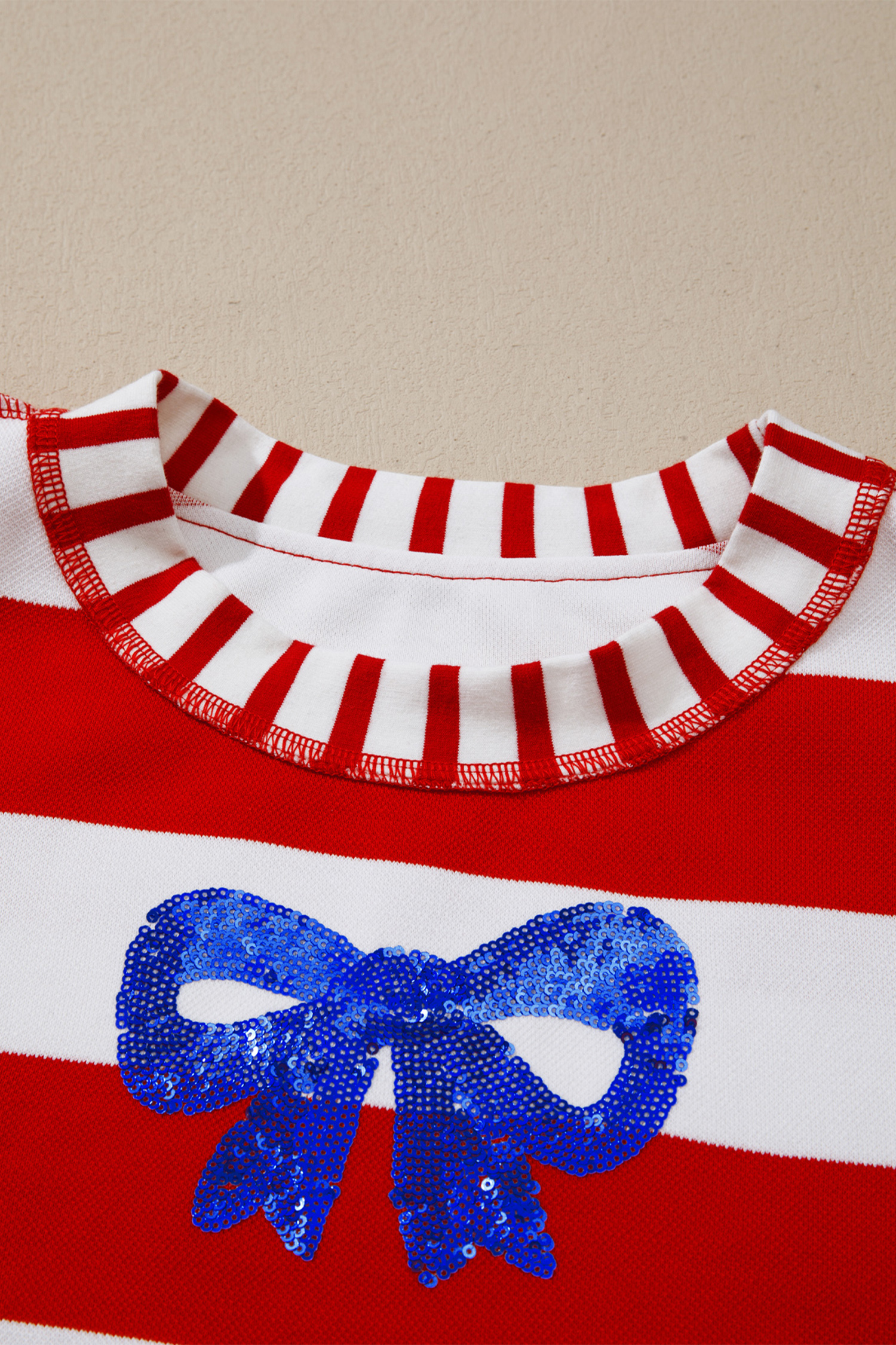Festive Women's Red Striped Shift Top – Sequin Bow Detail Half Sleeve Tee, Patriotic Gift for Summer Events - Detail View 6