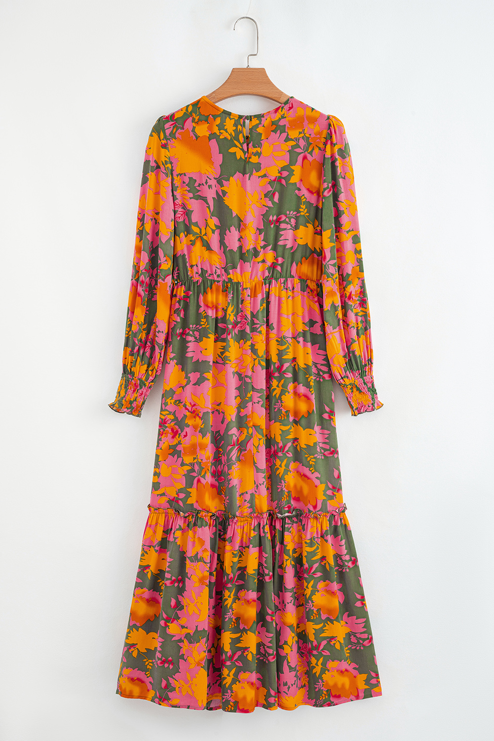 Romantic Floral Print Long Dress - Puff Sleeves and Ruffled Hem for a Feminine Look - Detail View 10