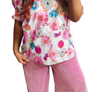 Women's Plus Size Floral V-Neck Blouse – Pink Casual Short Sleeve Shift Top for Daily Wear - Main View