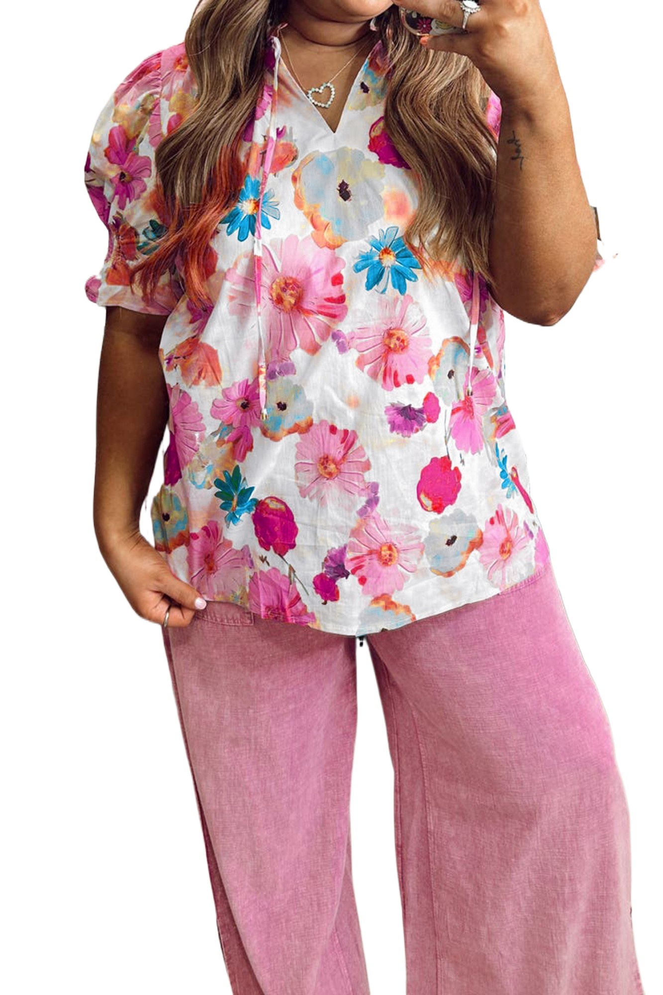 Women's Plus Size Floral V-Neck Blouse – Pink Casual Short Sleeve Shift Top for Daily Wear - Main View