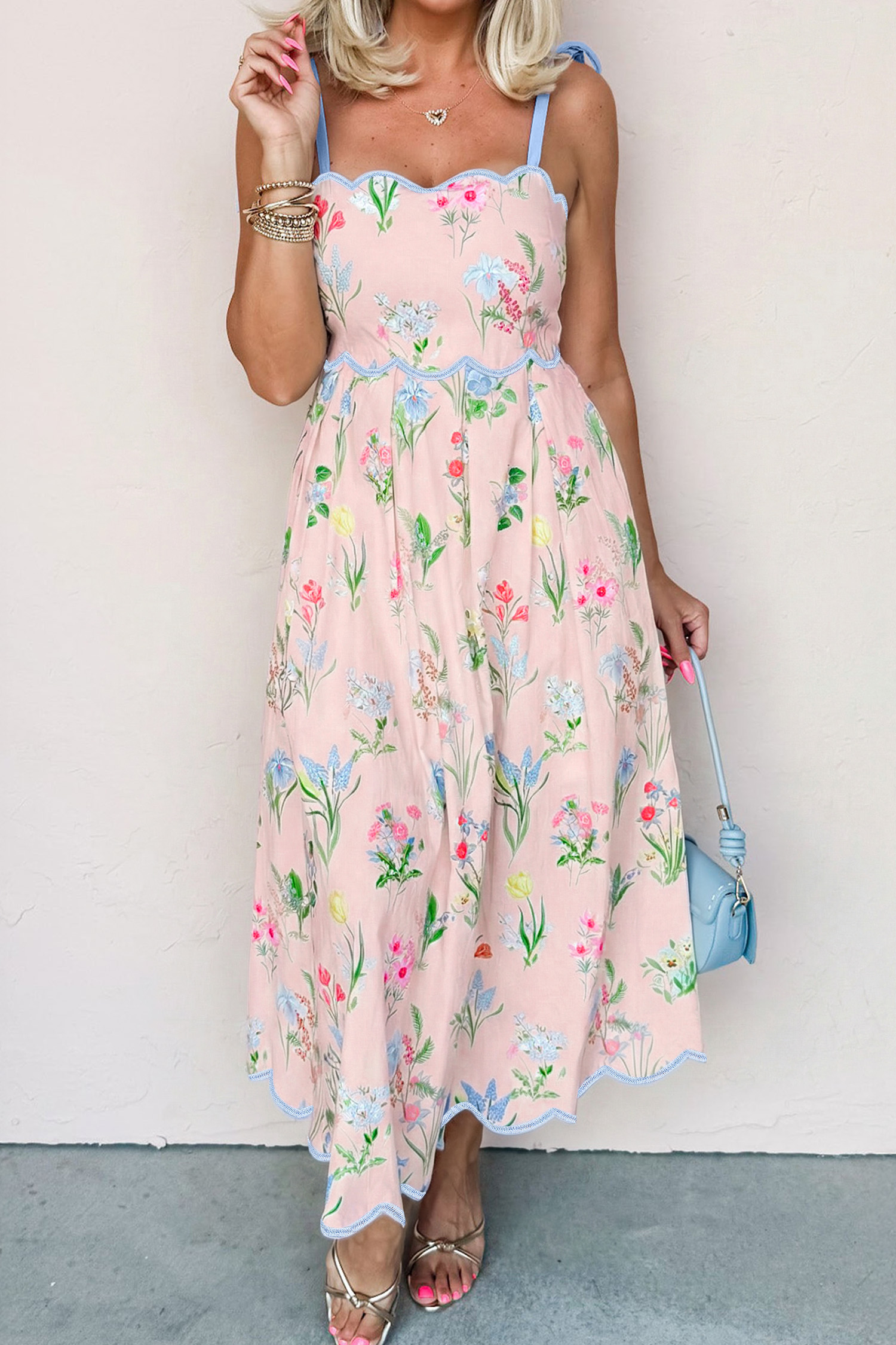 Women's Pink Floral Midi Dress – Casual Sleeveless High Waist Summer Dress with Pockets - Detail View 16