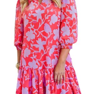 Women's Red Floral Ruffle Hem Mini Dress with 3/4 Sleeves - Main View