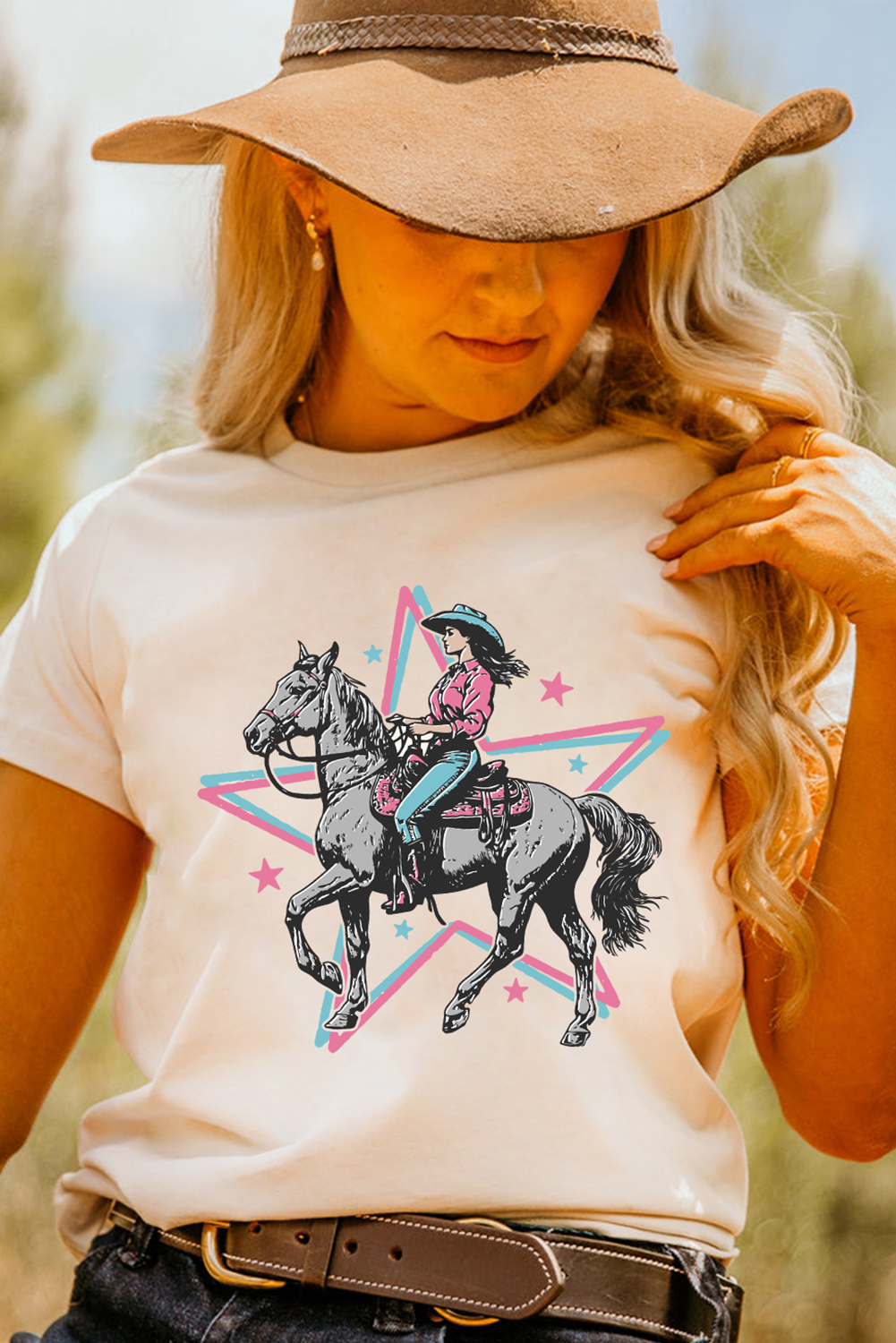 Casual Short Sleeve Tee with Bold Cowgirl Graphic - Perfect for Everyday Wear - Detail View 6
