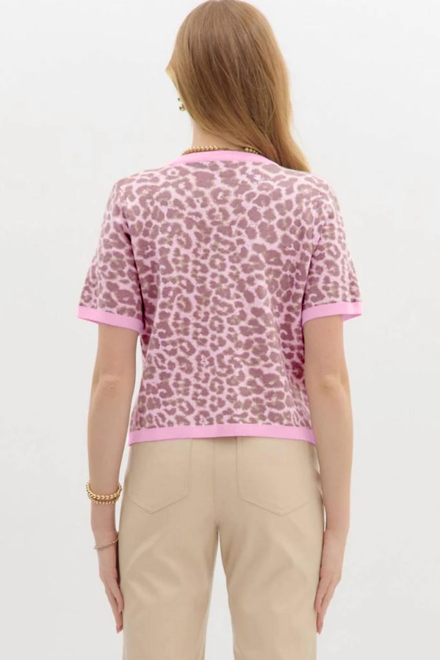 Western Style Leopard Print Short Sleeve Cardigan for Women – Pink Button Front Knit Sweater Top - Detail View 2