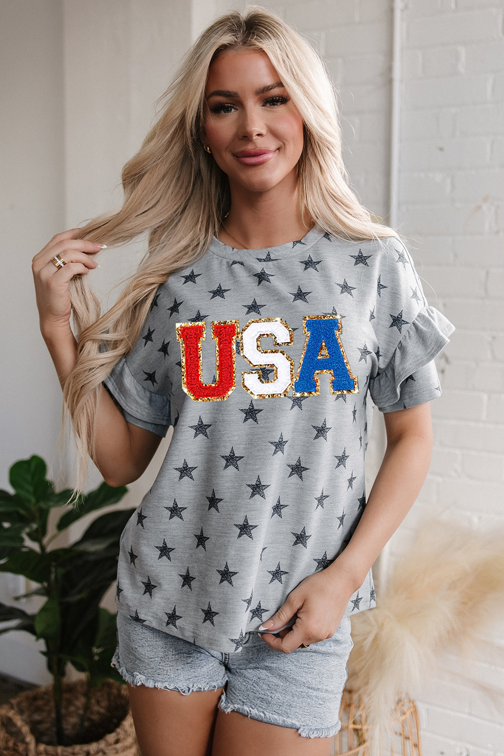 Women's Gray USA Letter Patched Star Printed Ruffle Trim Short Sleeve Tee - Detail View 5