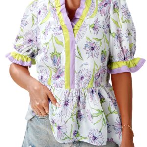 Elegant Women's Purple Floral Print Peplum Blouse with Ruffled Short Sleeves - Main View