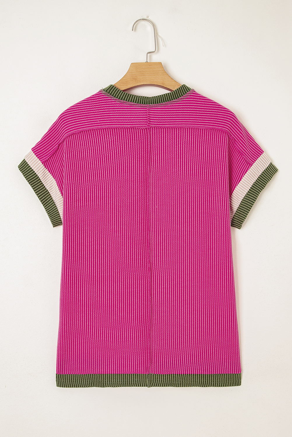 Women's T-Shirt, Rose Red, Textured Fabric, Contrast Trim, Round Neck, Casual, Summer Fashion, Short Sleeve, Daily Wear, Stylish Tee, Unique Design, Colorblock Pattern, Tops & Tees - Detail View 8