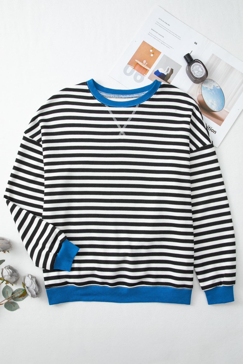 Relaxed Fit Long Sleeve Sweatshirt - Timeless Striped Pattern and Ribbed Trim - Detail View 7