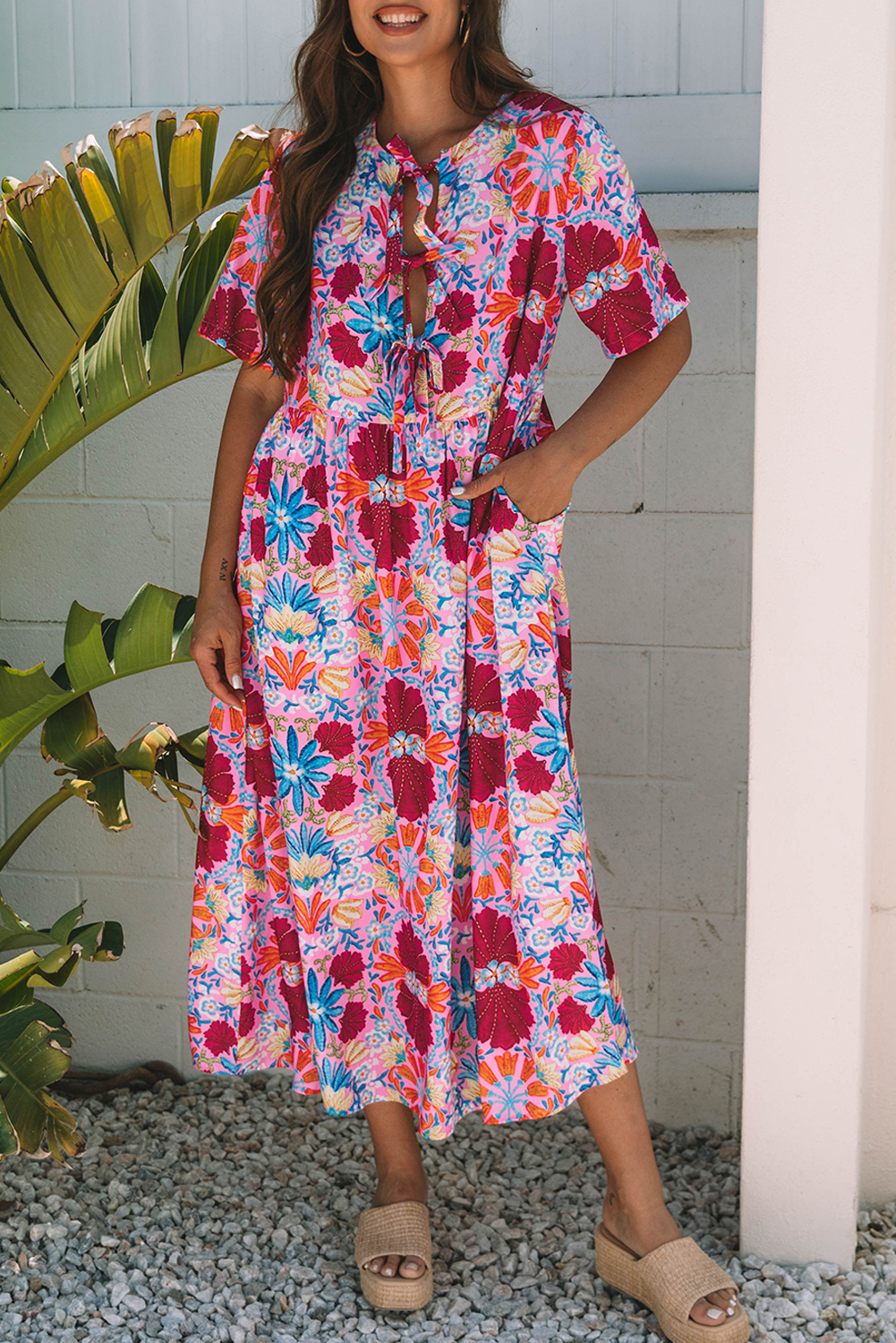 Women's Dress, Rose Floral, Tied Front, High Waist, Short Sleeve, Maxi Length, Casual Style, Floral Pattern, Summer Dress, Vacation Wear, Feminine Fashion, A-Line Silhouette, Loose Fit, Vintage Floral, Comfortable Dress - Detail View 8