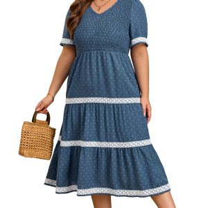 Women's Plus Size Swiss Dot Midi Dress – Dusk Blue V Neck Short Sleeve Casual A-Line Dress with Lace Patchwork - Main View