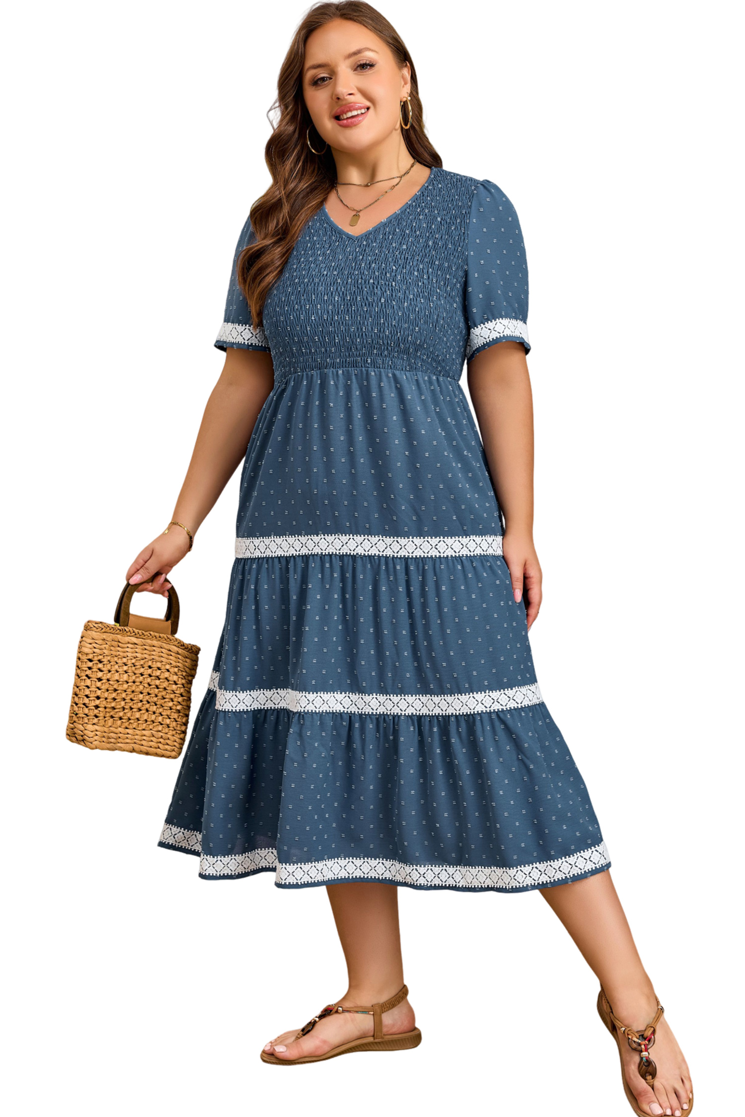 Women's Plus Size Swiss Dot Midi Dress – Dusk Blue V Neck Short Sleeve Casual A-Line Dress with Lace Patchwork - Main View