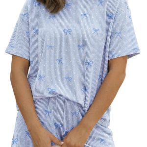 Women's Sky Blue Heart and Bow Print 2-Piece Short Set – Casual Summer Lounge Set - Main View