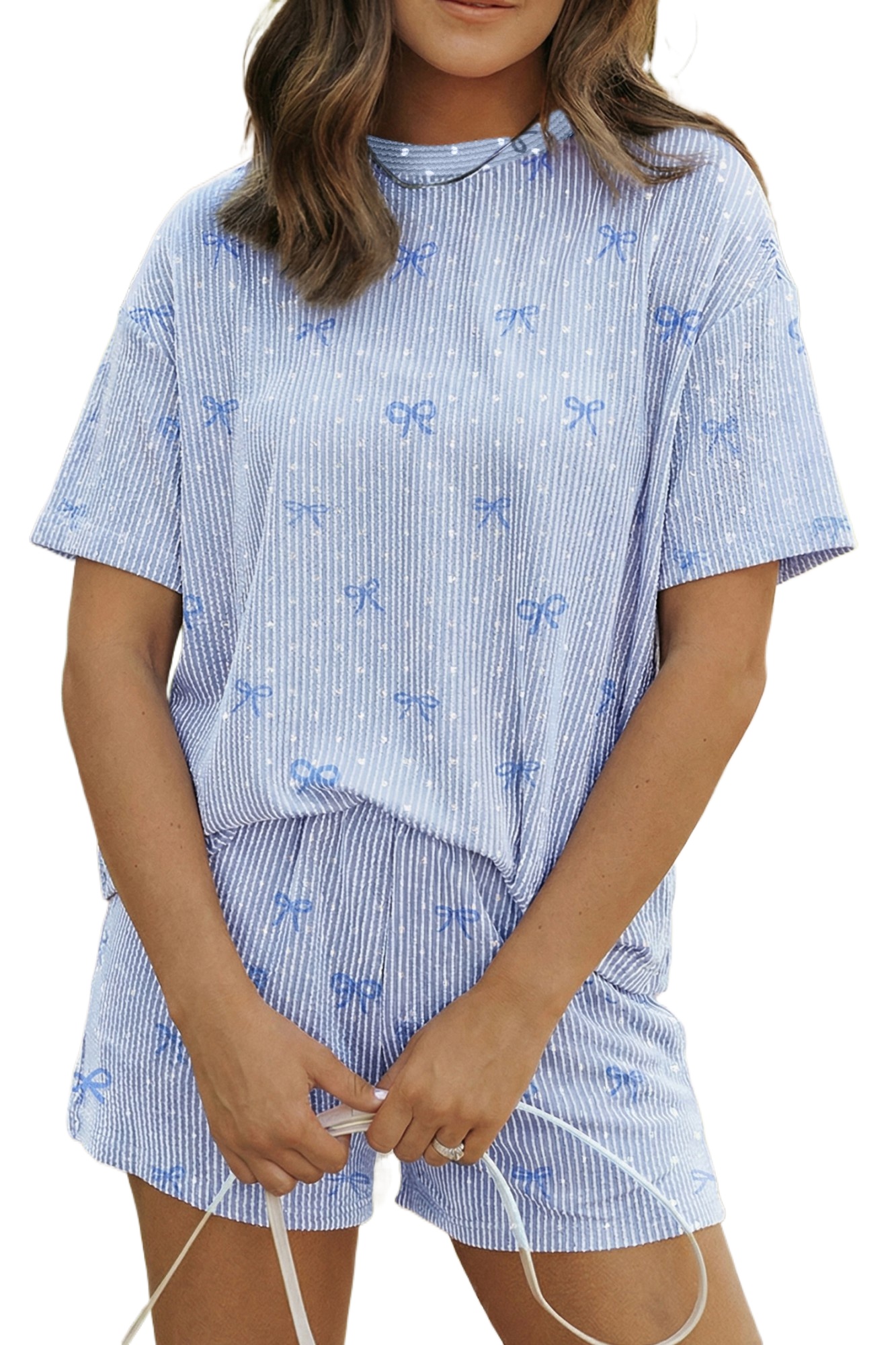 Women's Sky Blue Heart and Bow Print 2-Piece Short Set – Casual Summer Lounge Set - Main View
