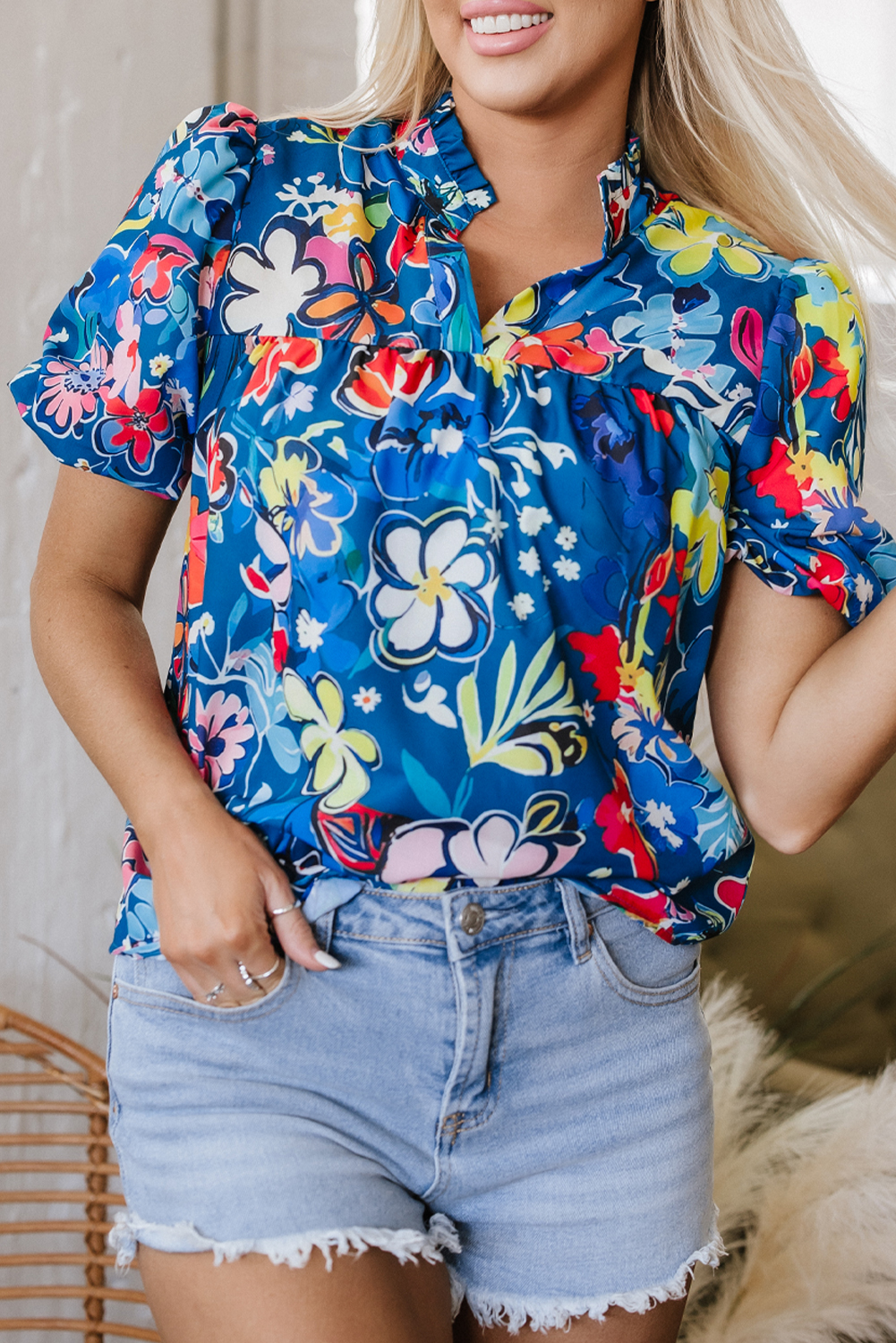 Women's Blouse, Blue Floral Print, Puff Short Sleeves, V Neck, Collared, Casual, Feminine Charm, Relaxed Fit, Everyday Style, Summer Fashion, Elegant Design, Tops, Blouses & Shirts - Detail View 8