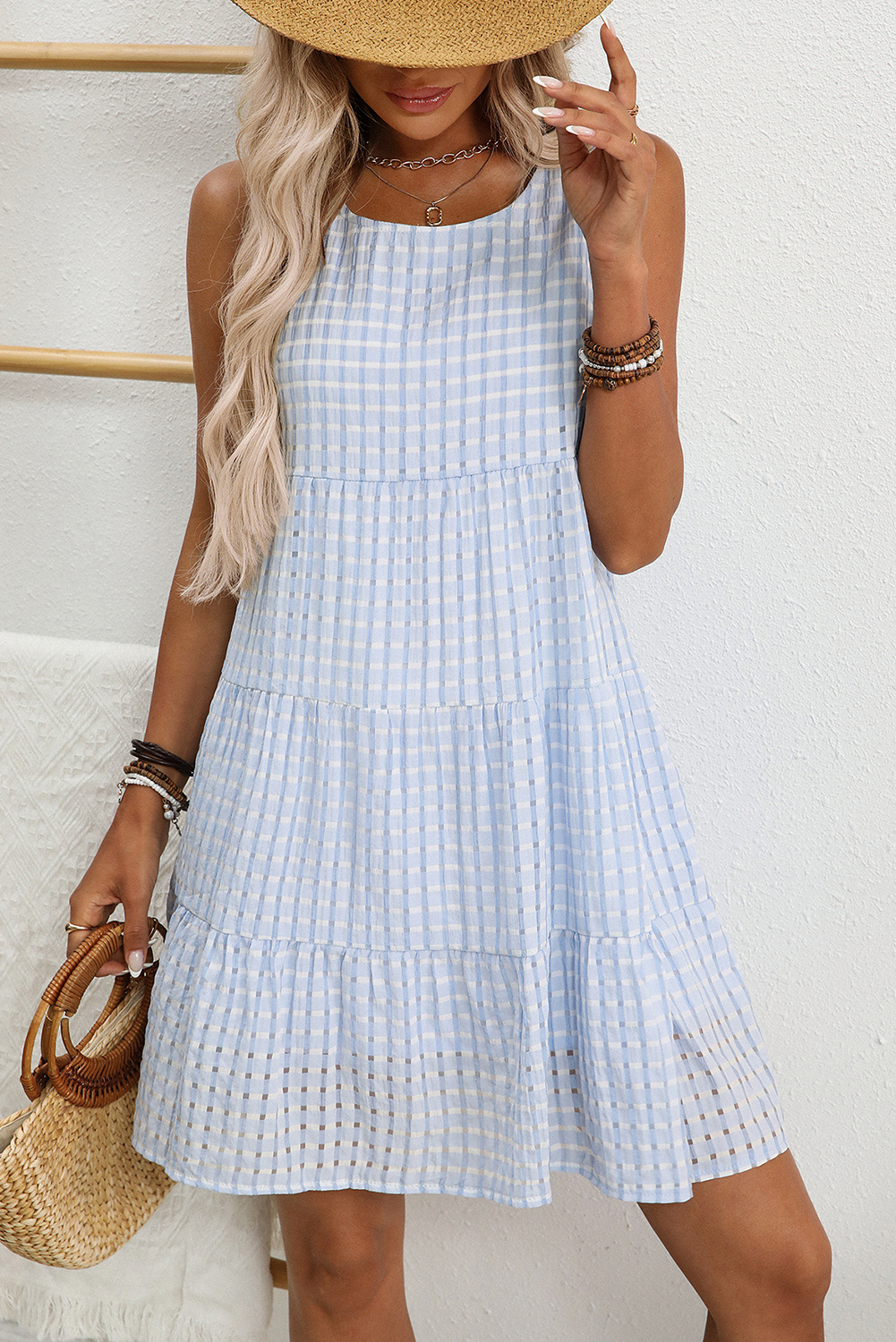 Women's Light Blue Plaid Tiered A-Line Sleeveless Mini Sundress for Summer - Detail View 5