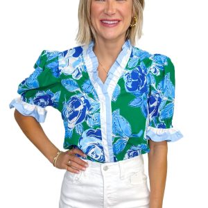 Women's Bright Green Floral Frilled V Neck Short Sleeve Blouse Top - Main View