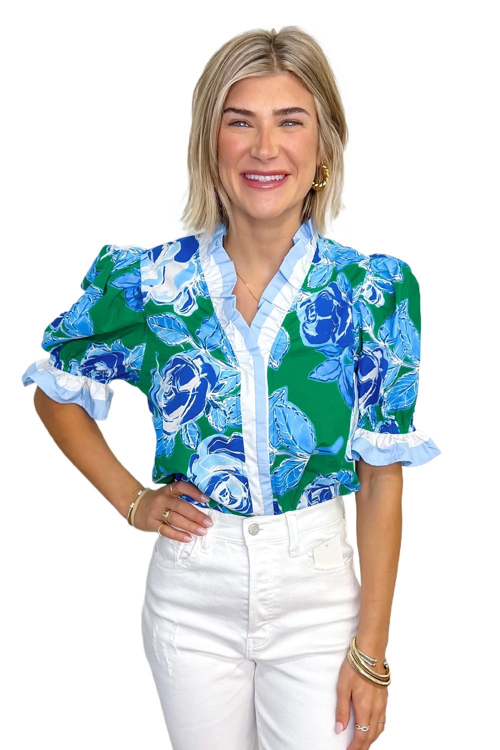 Women's Bright Green Floral Frilled V Neck Short Sleeve Blouse Top - Main View