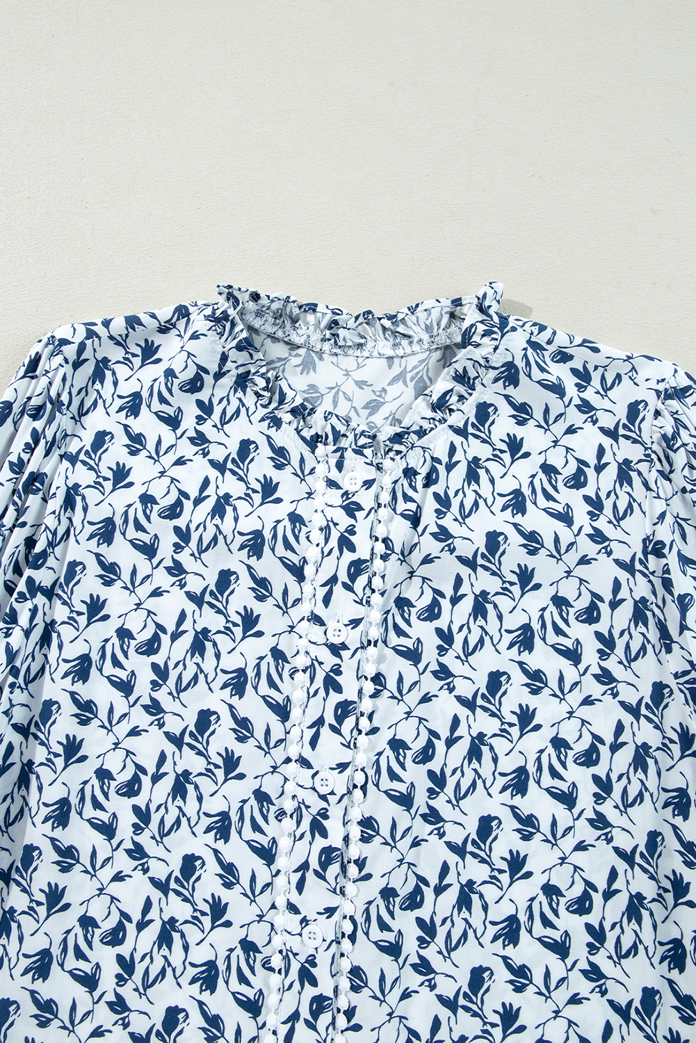 Casual Long Sleeve Blouse - Women's V Neck Floral Shirt with Lace Accents - Detail View 7