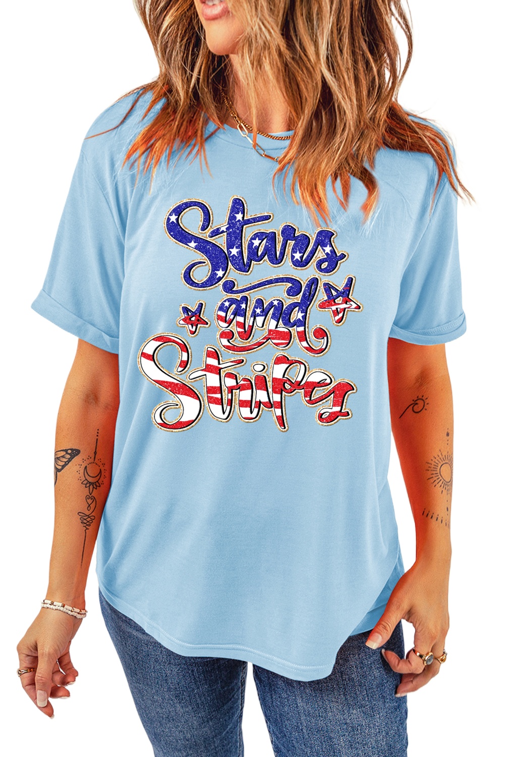 Women's Light Blue Stars and Stripes Graphic Tee - July 4th Patriotic Shirt - Main View