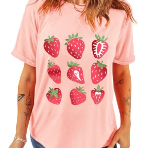 Women's Pink Strawberry Fruit Pattern Graphic Tee - Soft & Lightweight Casual Shirt - Main View