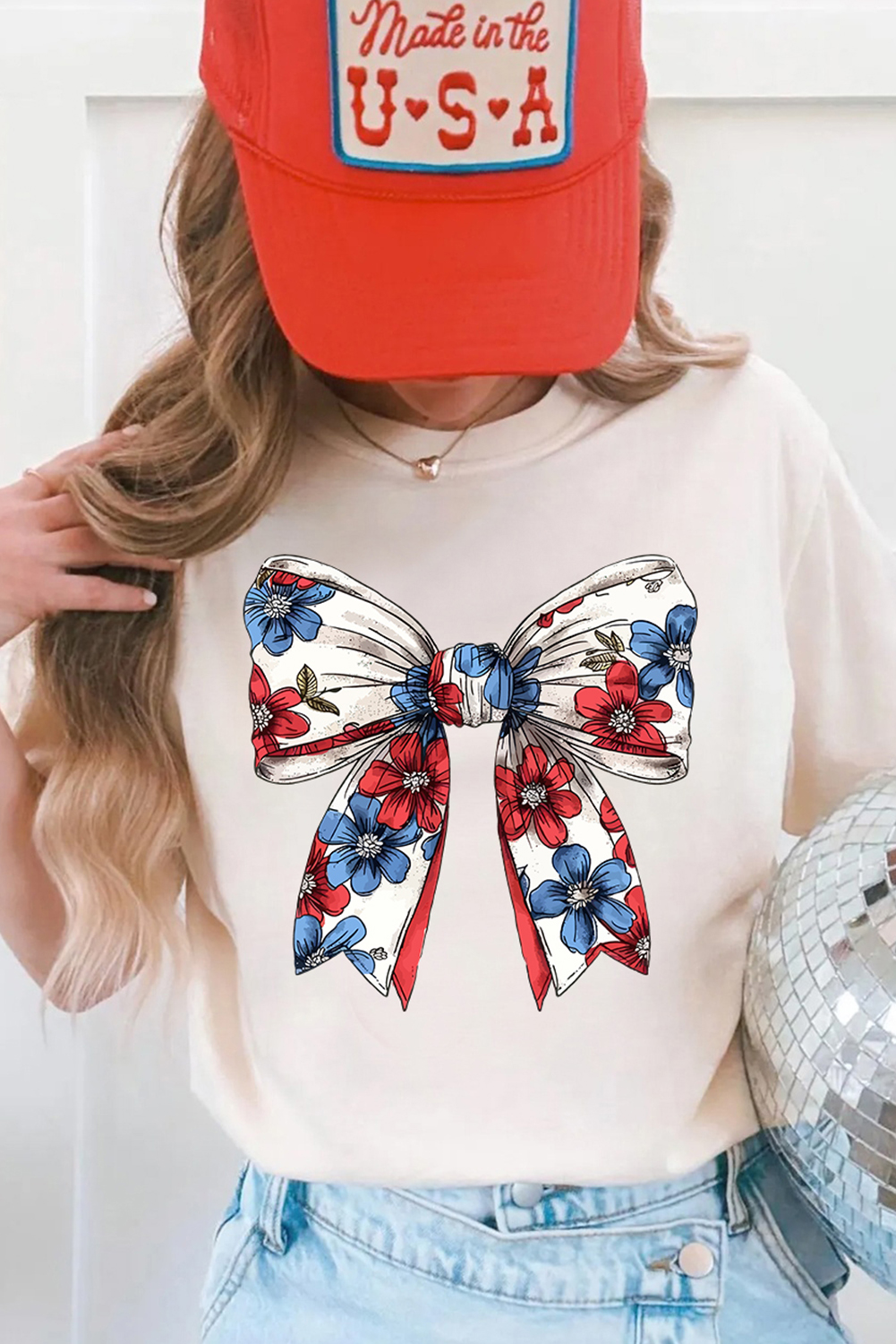 Women's White July 4th Floral Bowknot Print Crew Neck T-Shirt for Independence Day - Detail View 5