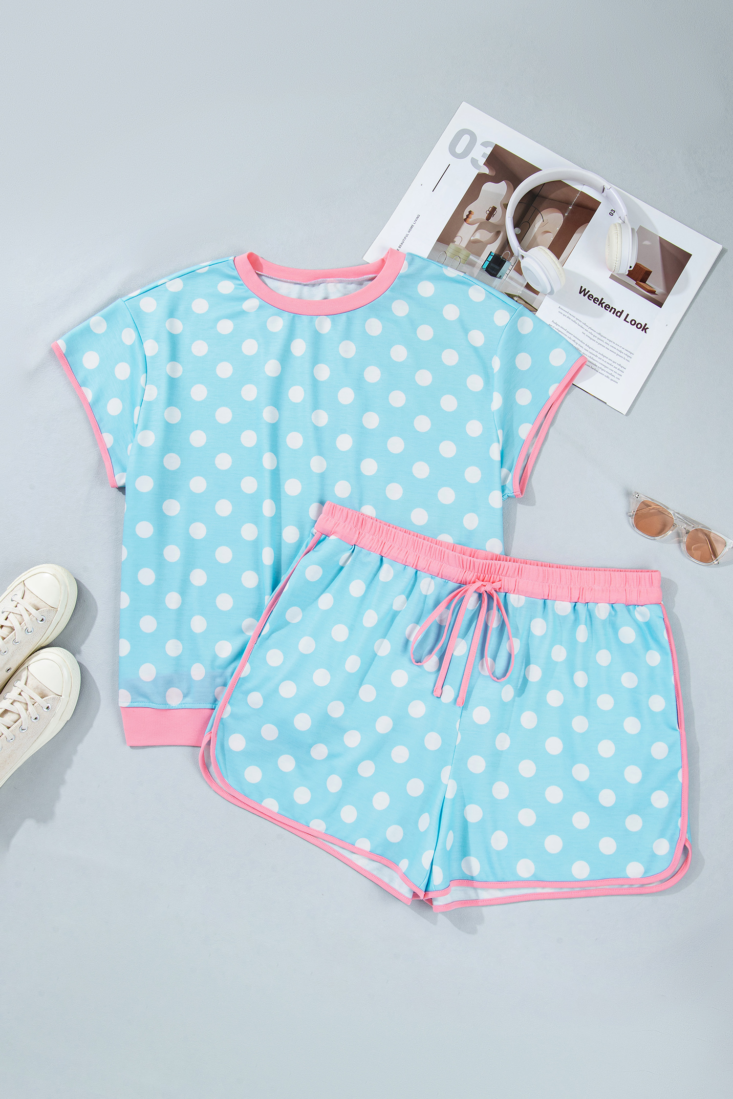 Women's Polka Dot Active Short Set – Sky Blue Color Block Trim Two-Piece Casual Wear - Detail View 2