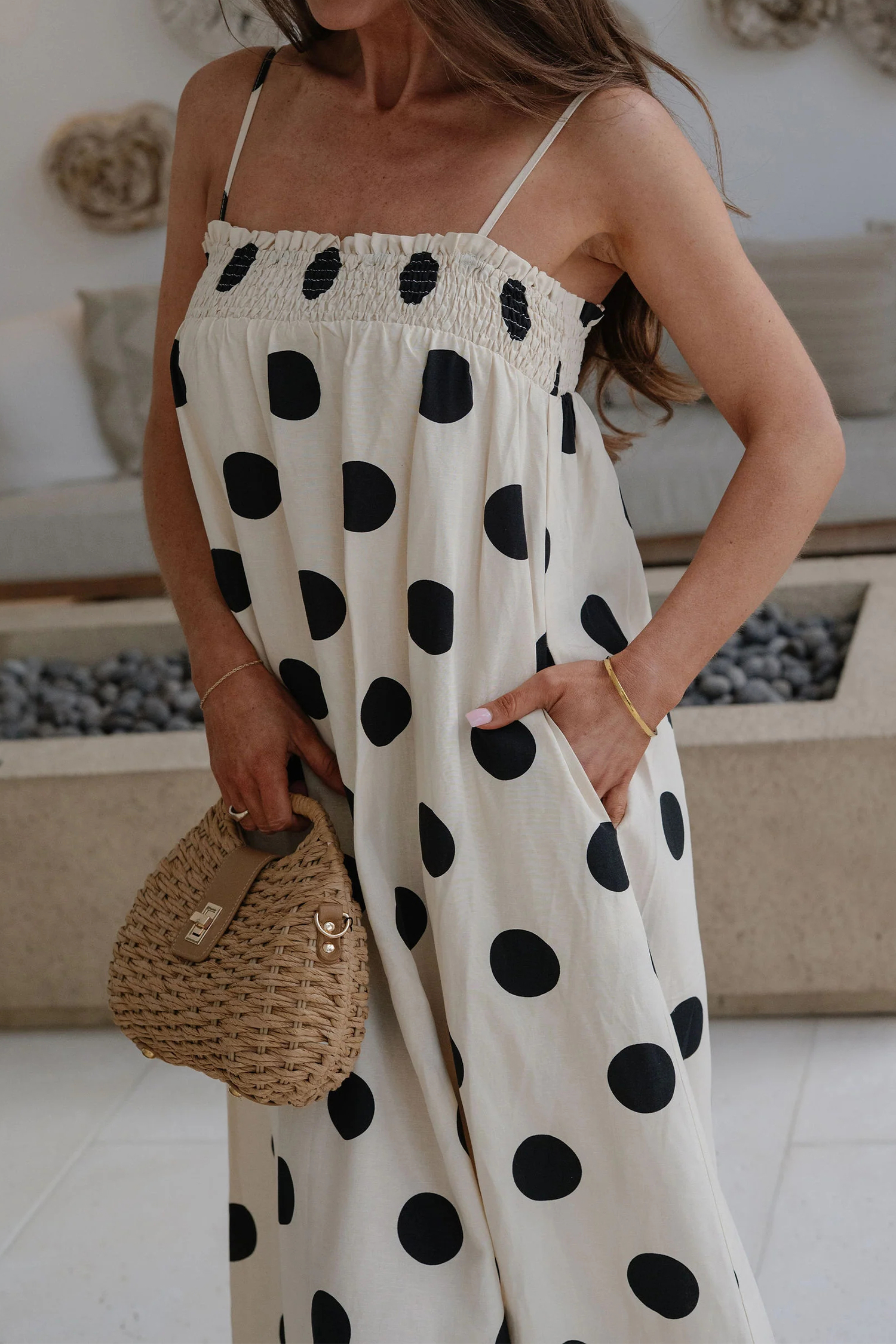 Adult Women's Polka Dot Maxi Dress – Flowy Sleeveless Shift for Summer Vacation & Daily Wear - Detail View 11