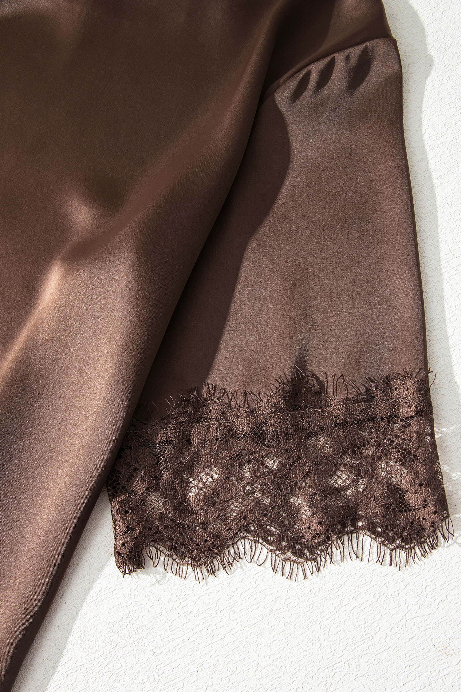 Women's Coffee Satin Top – Asymmetric Lace Trim Short Sleeve Shift Blouse - Detail View 10