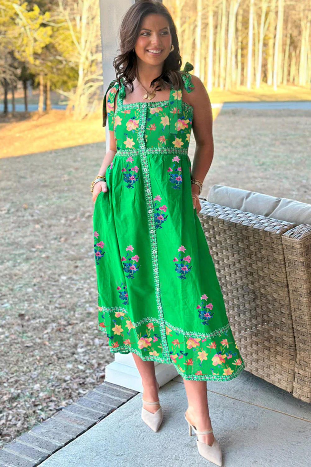 Women's Green Floral Print Midi Dress with Contrast Trim and Knotted Straps - Detail View 5