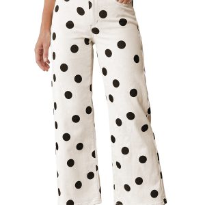 Women's Polka Dot Wide Leg Jeans – Ankle-Length Casual Denim Trousers, White - Main View