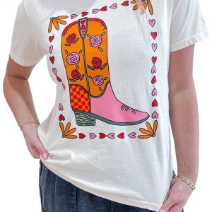 Women's White Floral Cowgirl Boots Graphic Casual T-Shirt - Main View