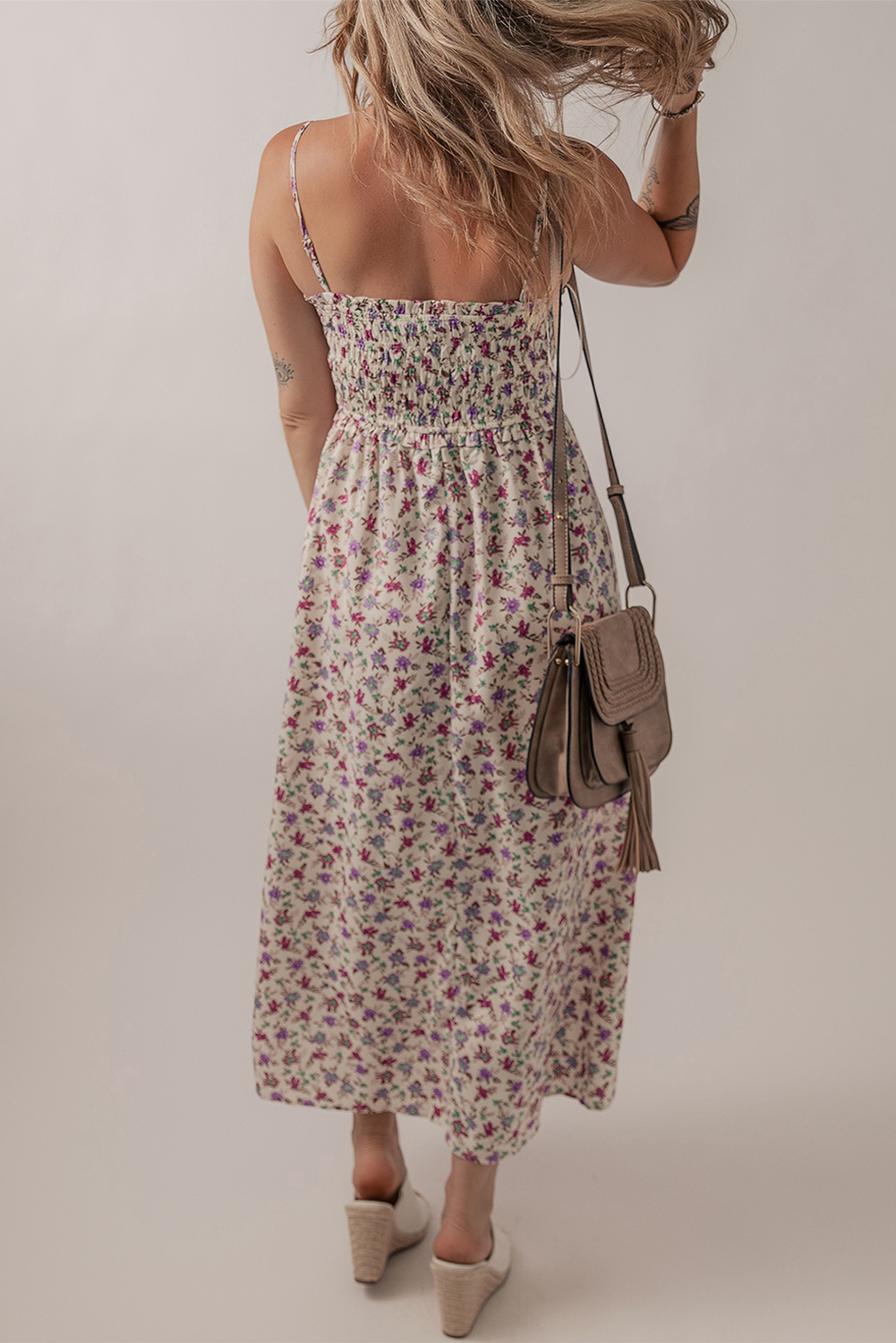 Chic A-Line Midi Dress with Smocked Bodice and Floral Pattern - Perfect for Parties & Vacations - Detail View 2