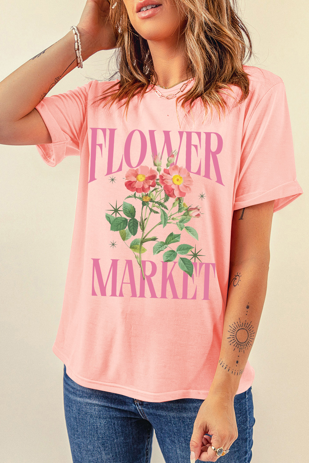 Chic Round Neck T-Shirt for Women - Stylish Pink Flower Market Design - Detail View 7