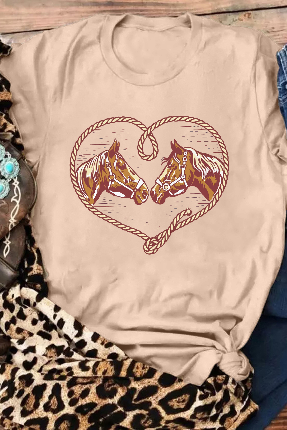 Soft Cotton Blend Khaki T-Shirt Featuring Horses - Ideal for Daily Wear - Detail View 3
