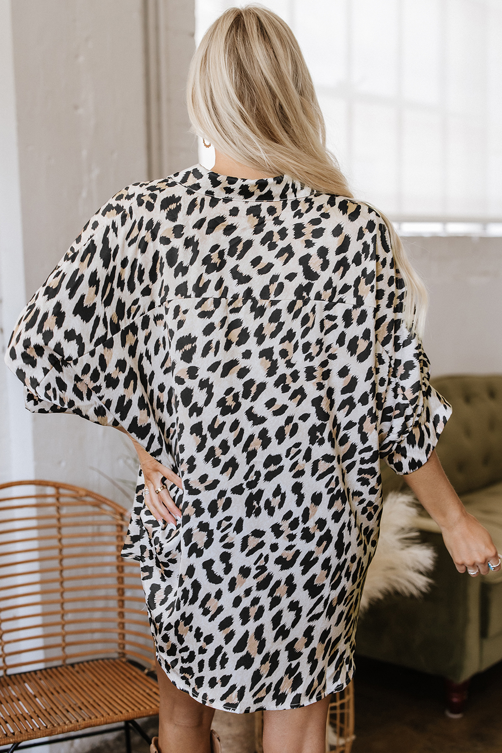 Trendy Leopard Print 3/4 Sleeve Shirt for Women - Casual and Stylish - Detail View 2