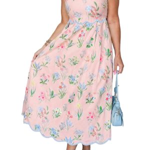 Women's Pink Floral Midi Dress – Casual Sleeveless High Waist Summer Dress with Pockets - Main View