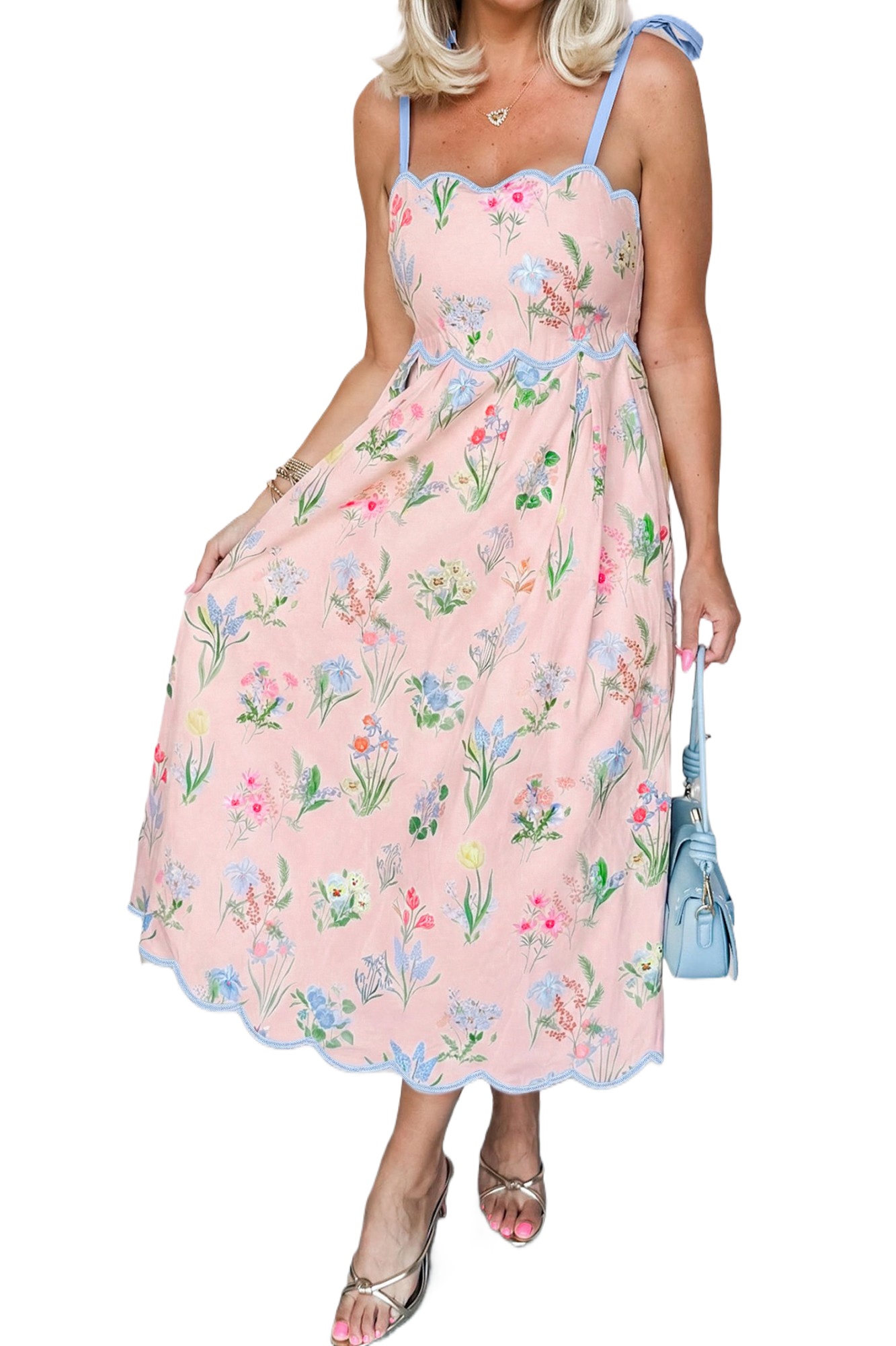Women's Pink Floral Midi Dress – Casual Sleeveless High Waist Summer Dress with Pockets - Main View