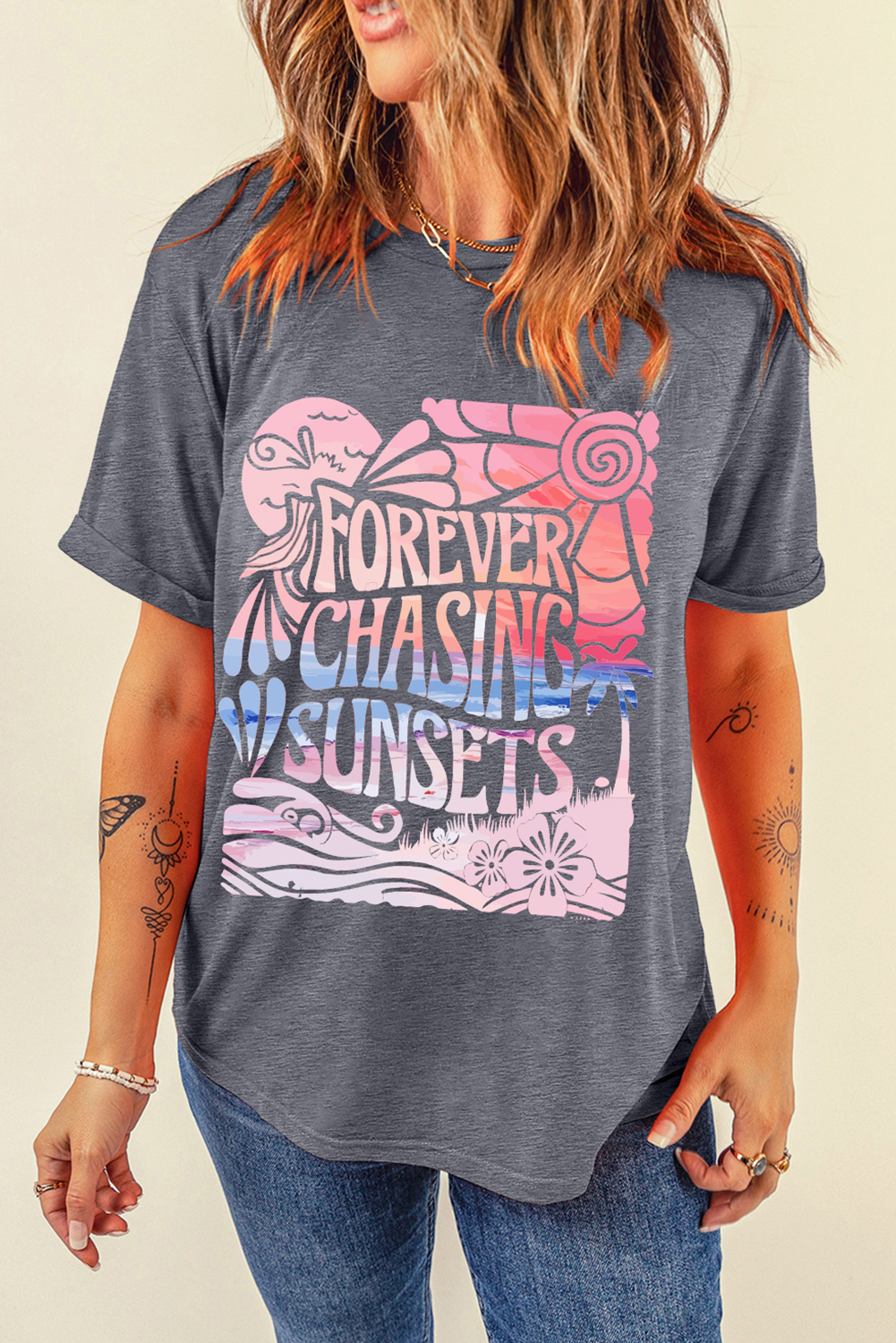 Relaxed Fit Gray Graphic T-Shirt - Ideal for Daily Wear and Chasing Sunsets - Detail View 7