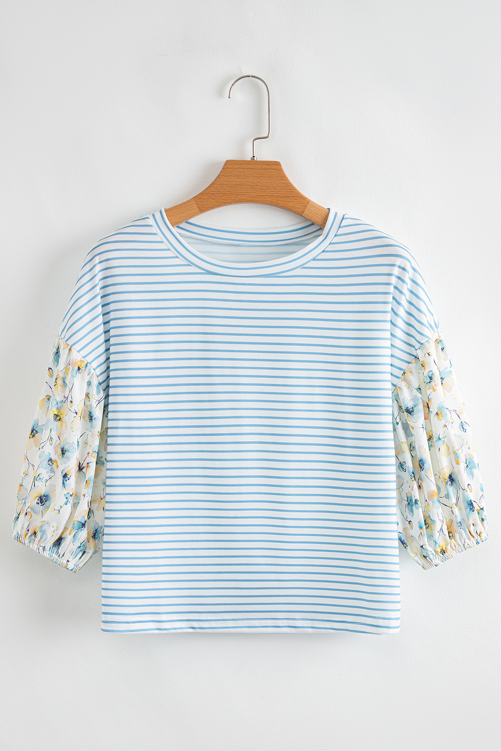 Versatile Casual Women's Top - Sky Blue Stripe and Floral Print for Summer - Detail View 3