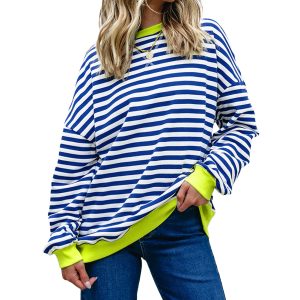 Women's Sky Blue Striped Contrast Ribbed Trim Drop Shoulder Sweatshirt - Main View