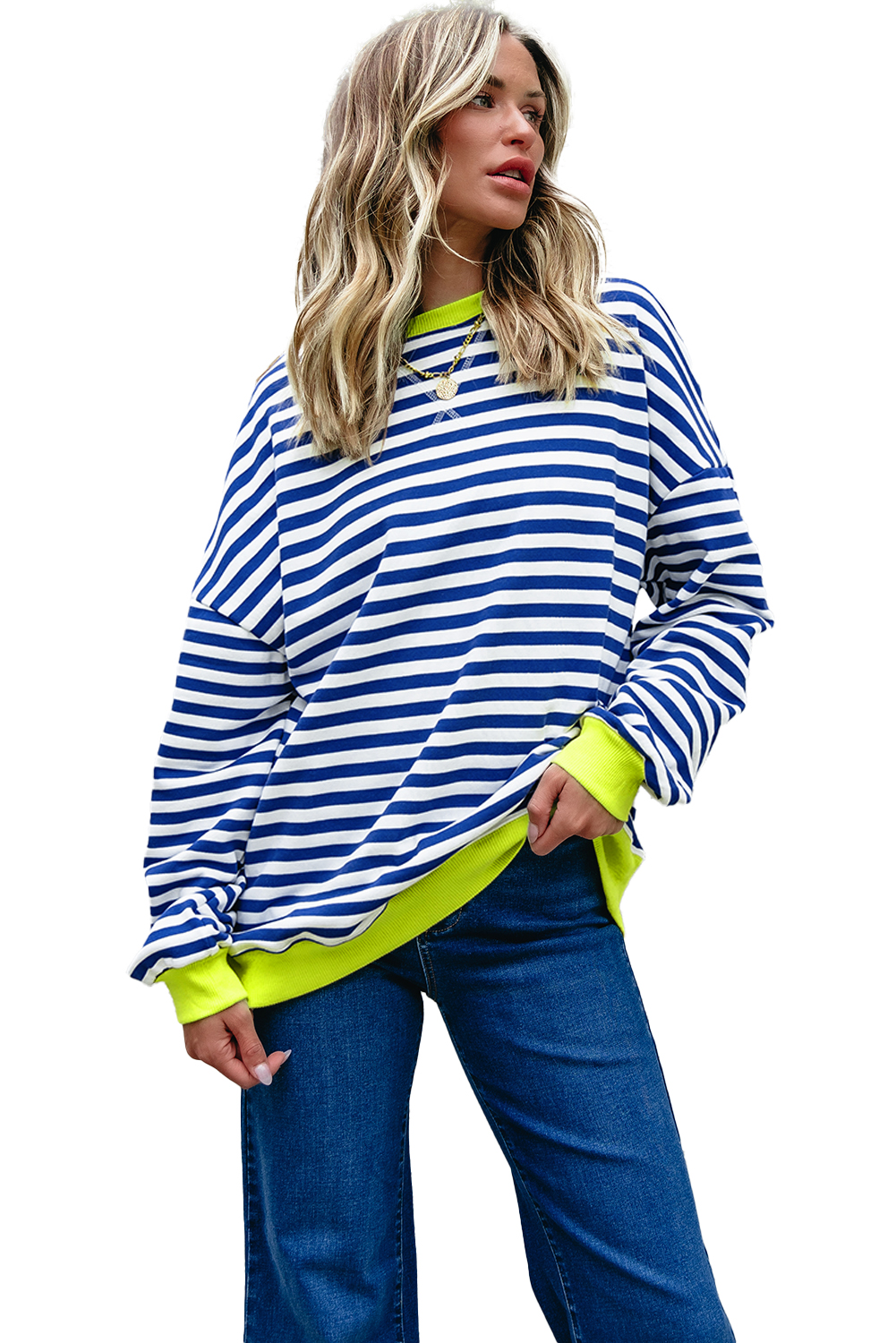 Women's Sky Blue Striped Contrast Ribbed Trim Drop Shoulder Sweatshirt - Main View