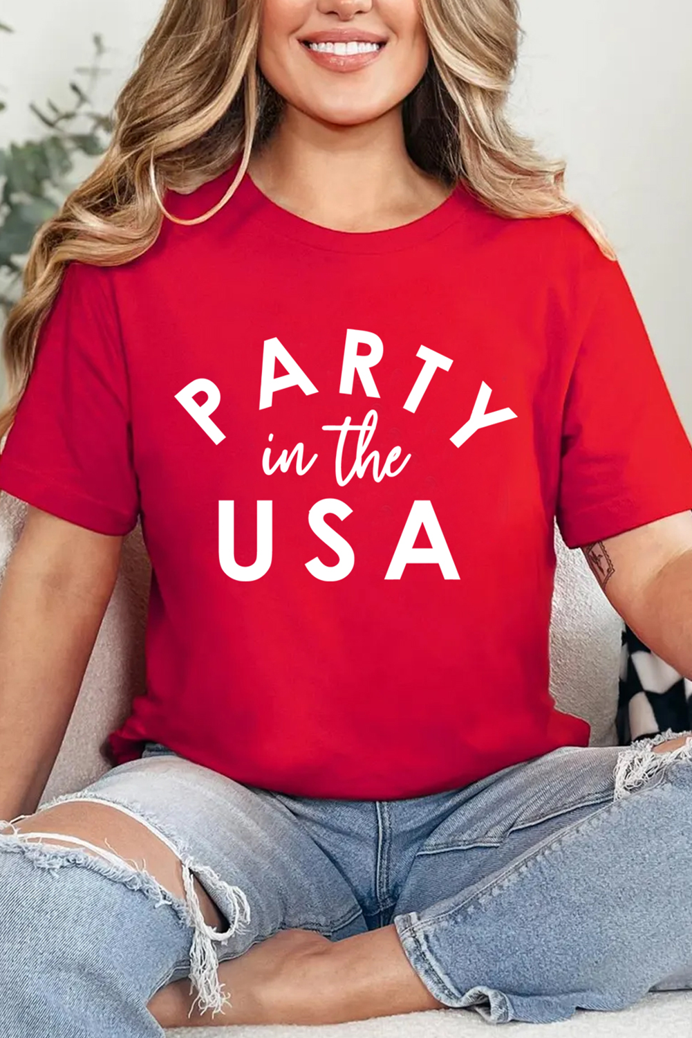 Women's Red PARTY in the USA Printed Independence Day T-Shirt - Celebrate Freedom - Detail View 5
