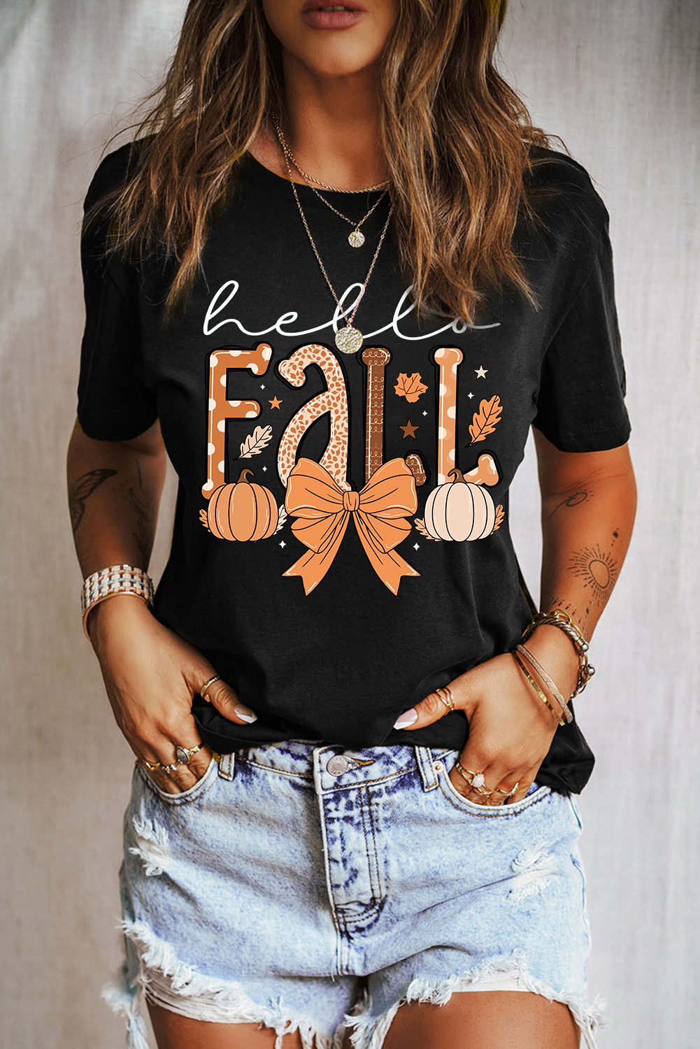Women's Black Hello Fall Thanksgiving Bow Pumpkin Graphic Tee - Detail View 9